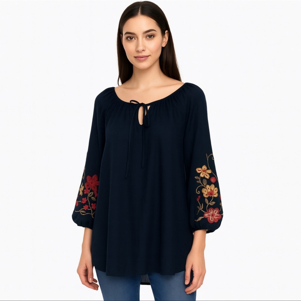 Olivia&Martin SemiSheer Flowy Pullover Top V-Neck Ties Keyhole
Embroidery L NWT